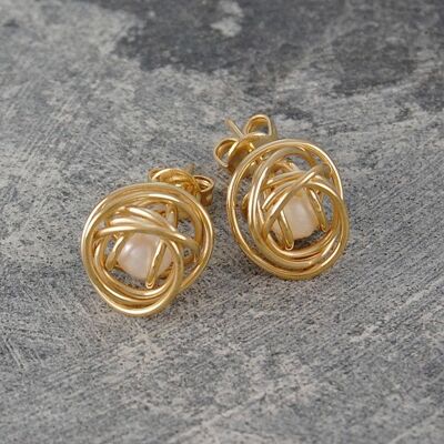 Caged Pearl Gold Knot Earrings in White - Stud Earrings & Pendant Set