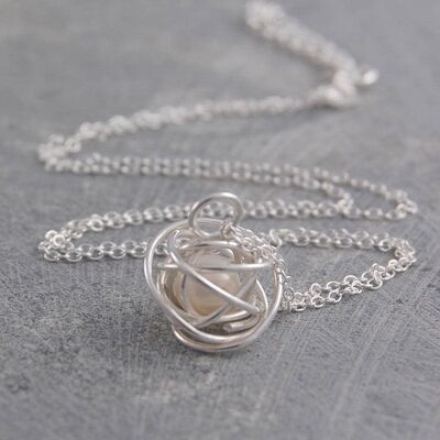 Silver Caged White Pearl Necklace - Dark pearl