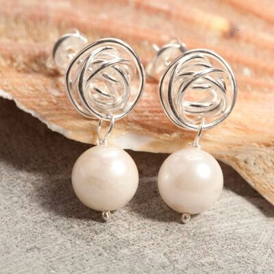 Nest Pearl Drop Silver Earrings in White - Peacock