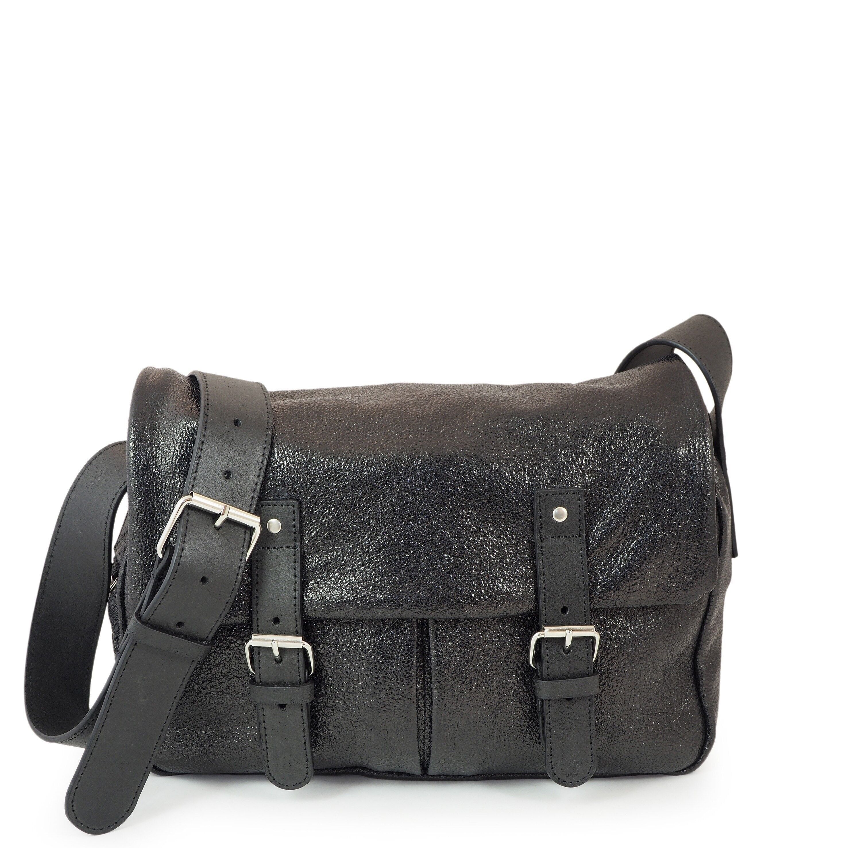 Borsa messenger vintage in pelle lavata BRISTOL 02 - taglia media nera