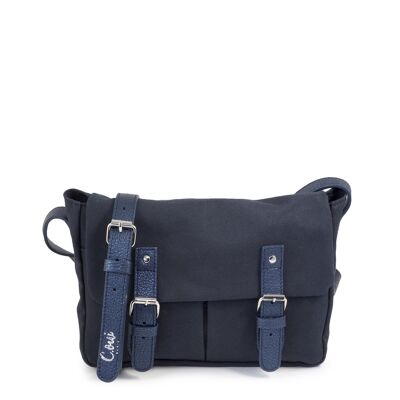 Canvas and leather messenger bag - small size - BRUSSELS 11 plain blue