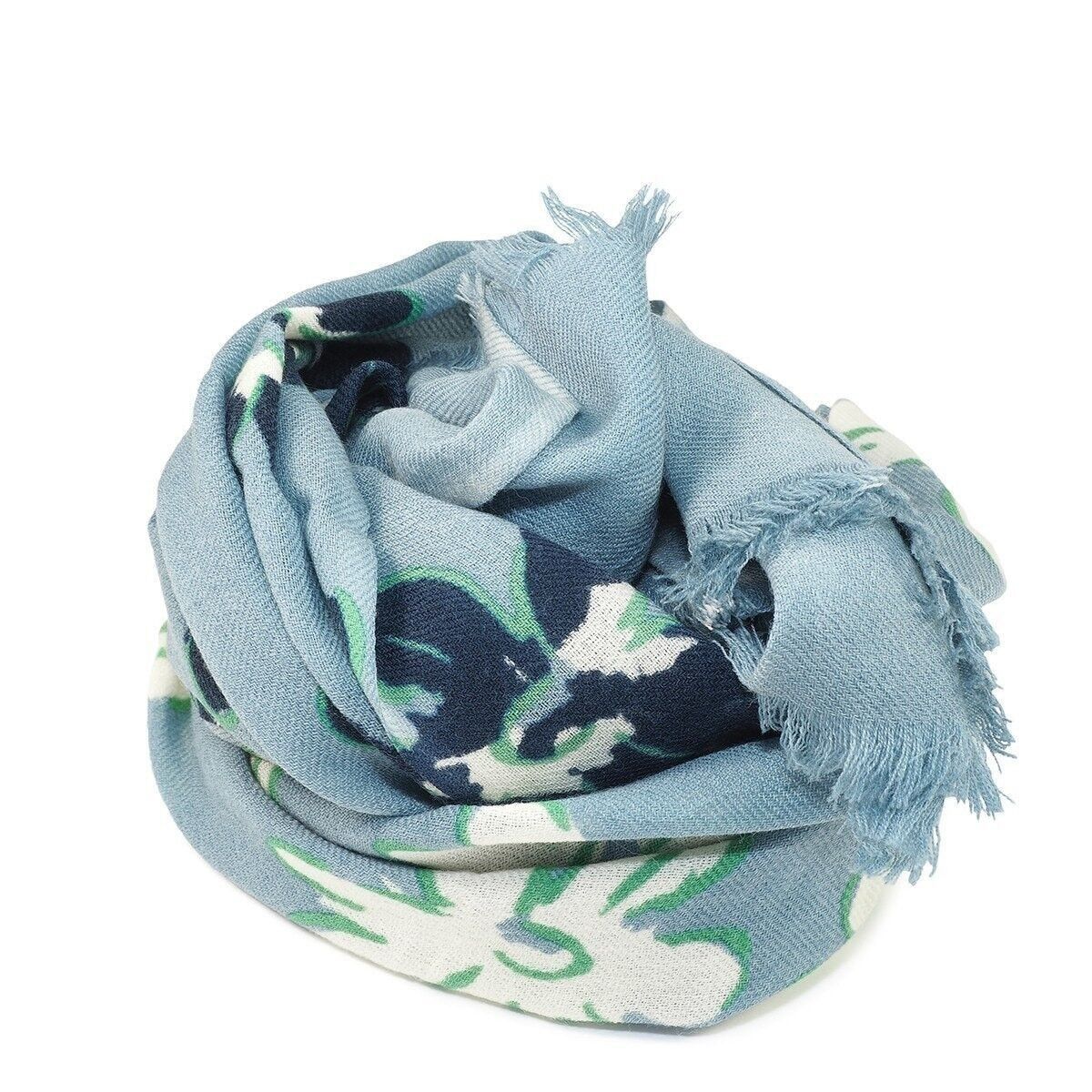 Sciarpa in lana pregiata con stampa di fiori blu