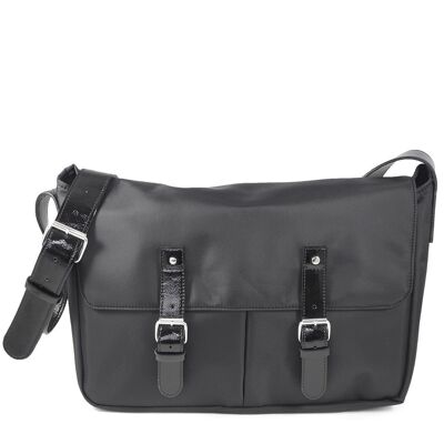 Bolso messenger SHIBUYA 13 de nailon con detalles en charol negro