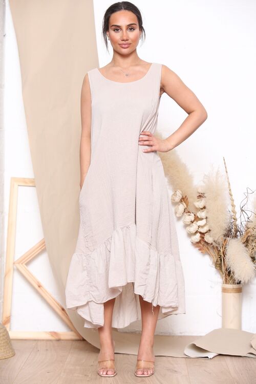 Beige patterned back strap shoulder dress