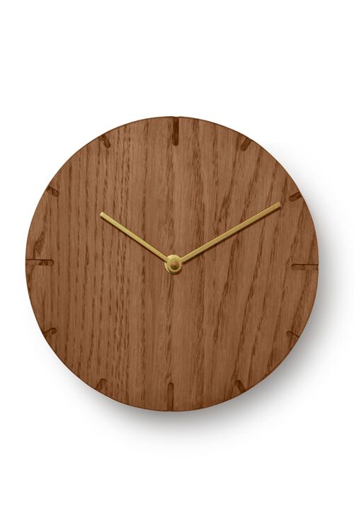 Solide Mini - Wanduhr aus massivem Holz mit Quarz-Uhrwerk - Räuchereiche - Gold