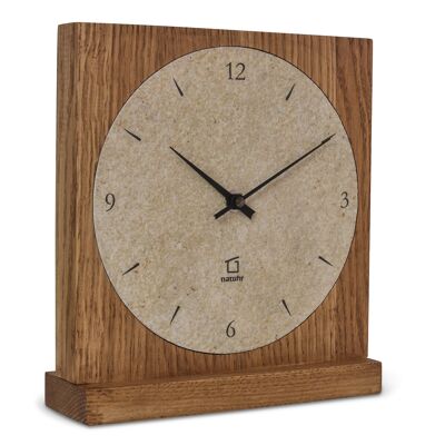 Horloge de table bois de chêne massif pierre naturelle - chêne fumé - mouvement à quartz