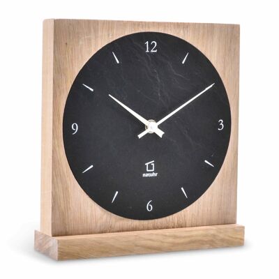 Horloge de table chêne bois massif pierre naturelle - chêne cérusé - radio horlogerie