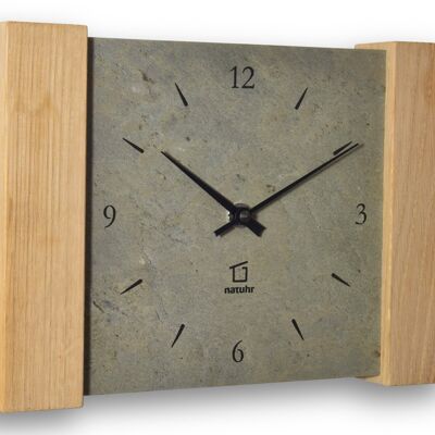 Wildspitze - wall/table clock solid oak wood with gray slate - quartz movement