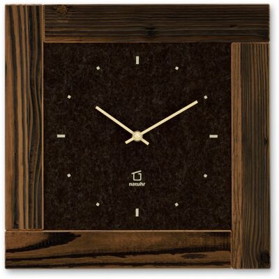 Scheuer - wall clock made of reclaimed spruce dark steamed with felt - brown