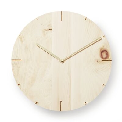 Solid - wall clock made of solid wood with quartz movement - pine untreated - gold