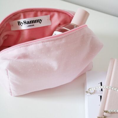 Rosa Tupfen-Kosmetiktasche | Kosmetiktasche | mit rosa Samt gefüttert | Reisetasche | Tasche mit Reißverschluss | Handarbeit | Pastellrosa | Zubehörtasche