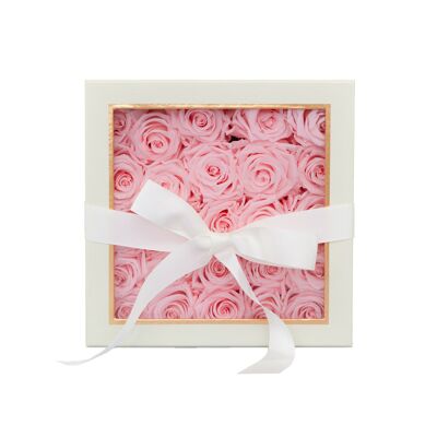 Konservierte rosa Rosen in weißer Geschenkbox