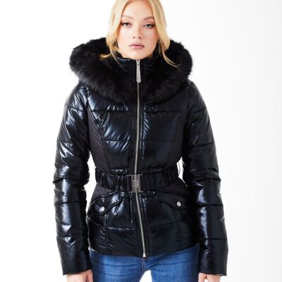 BLACK HIGH SHINE SHORT BELTED PUFFER - Black