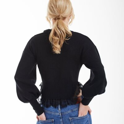 BLACK KNIT JUMPER WITH LACE TRIM - Black