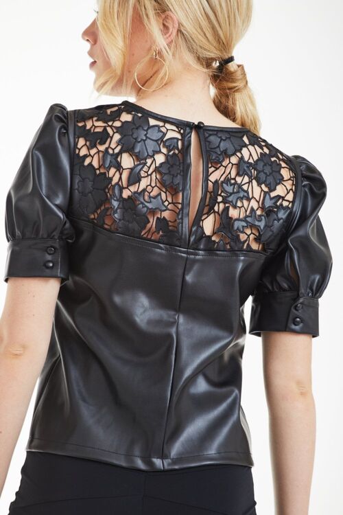BLACK VEGAN LEATHER TOP WITH EMBROIDERY YOKE - Black