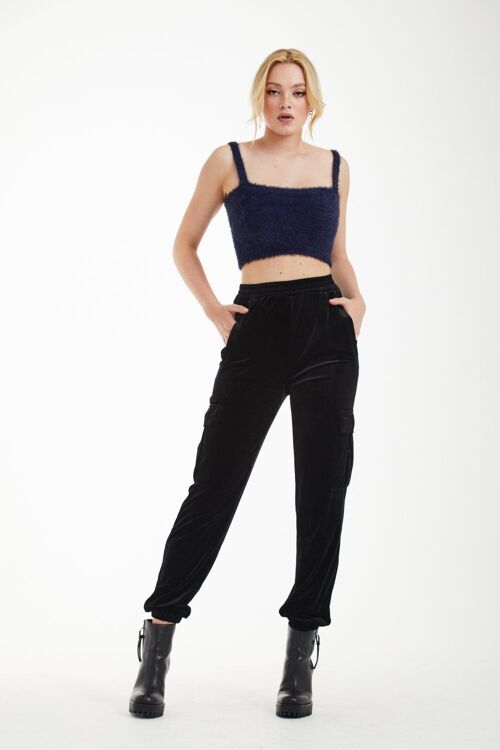 BLACK VELVET CARGO TROUSERS - Black