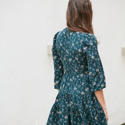 TEAL BLUMEN-ABGESTUFTES KLEID - Petrol