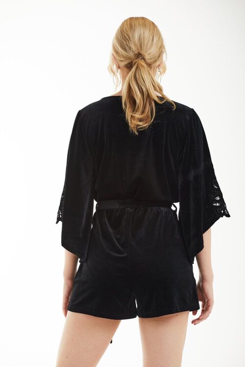 BLACK VELVET EMBROIDERY WRAP PLAYSUIT - Black