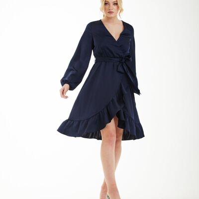 FRILL SATIN WRAP DRESS - Navy