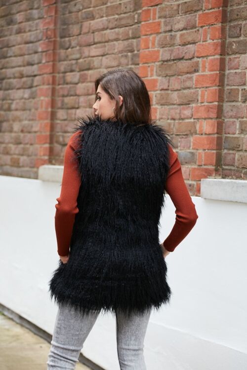 BLACK FAUX MONGOLIAN FUR GILET - Black