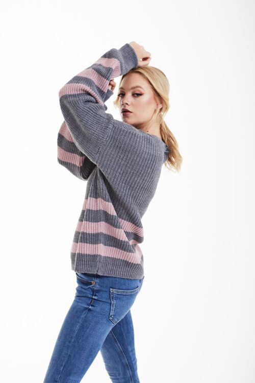 GREY AND PINK STRIPED OVERSIZED KNIT JUMPER - Multi