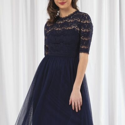 NAVY LACE DRESS WITH TULLE SKIRT - Navy