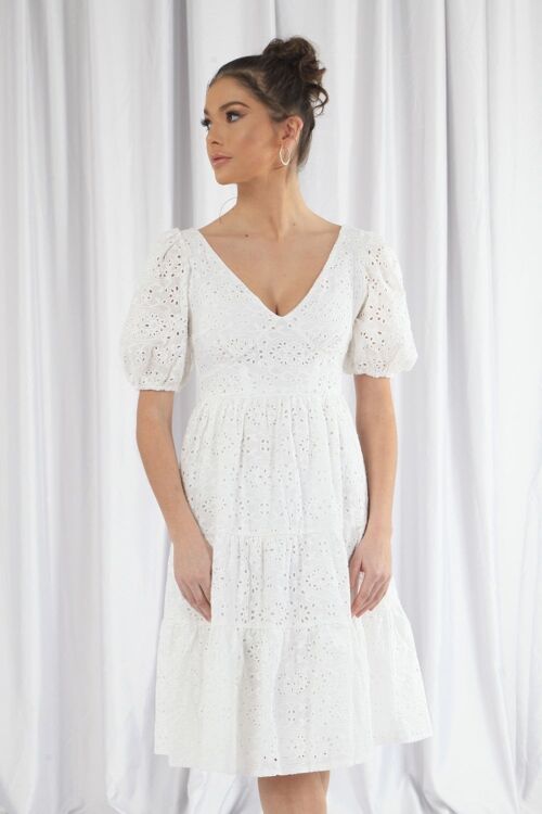 TIERED BRODERIE DRESS - White