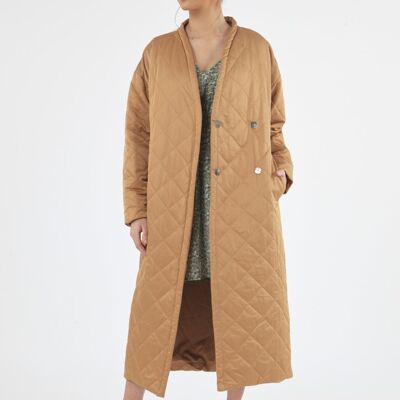 OFF SHOULDER QUILTED LONGLINE COAT - Camel