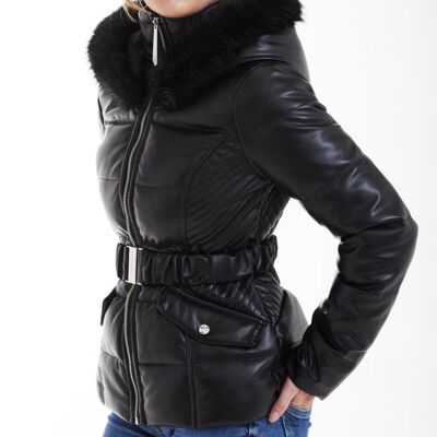 BLACK VEGAN LEATHER SHORT PUFFER - Black