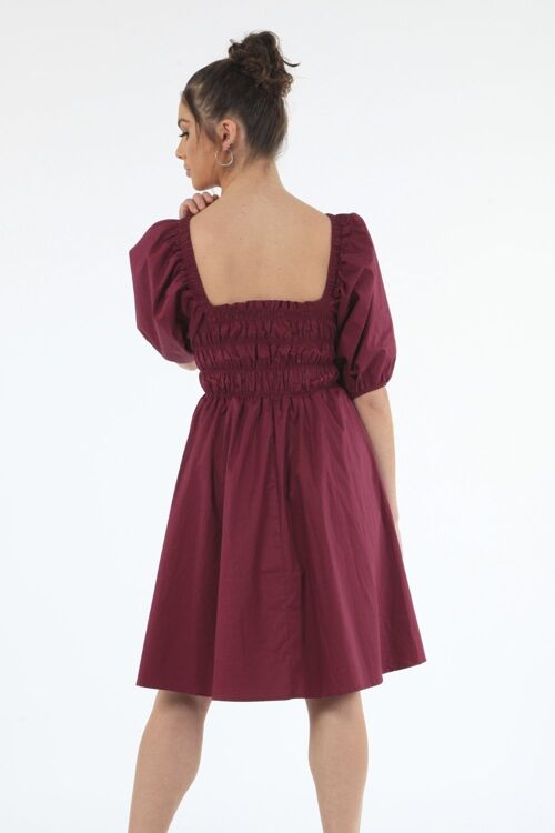 WINE RUCHED PUFF SLEEVE DRESS - Red