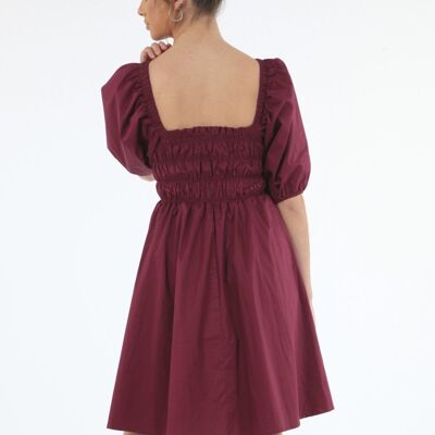WINE RUCHED PUFF SLEEVE DRESS - Red