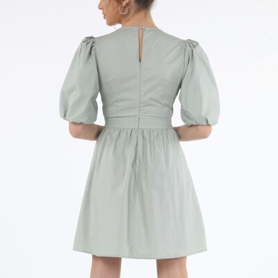 SAGE VOLUME SLEEVE RUCHED DRESS - Green