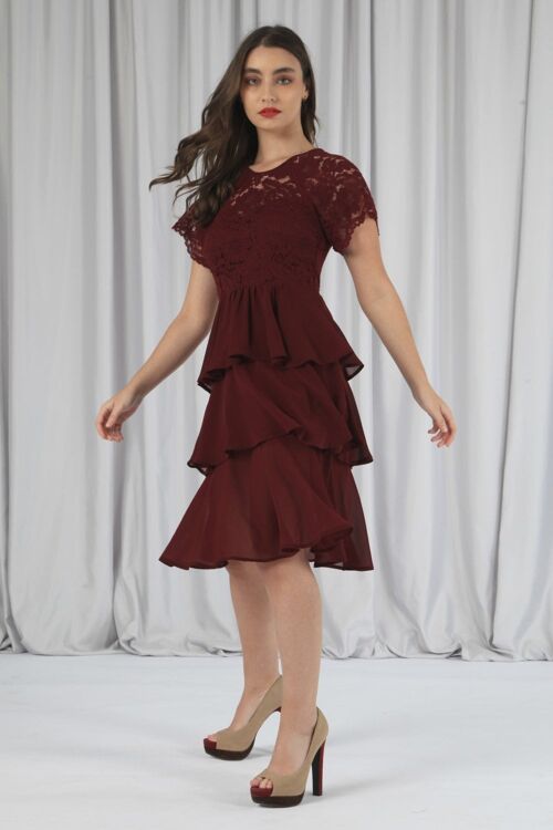 BURGUNDY RED TIERED LACE DRESS - Red