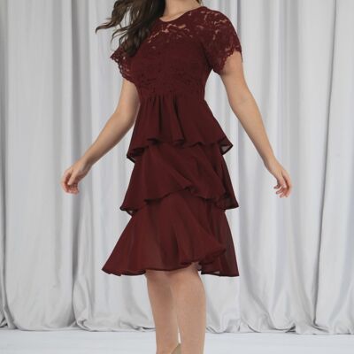 BURGUNDY RED TIERED LACE DRESS - Red