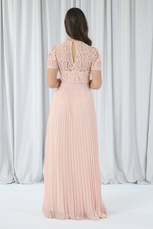 PINK PLEATED SLEEVE LACE DRESS - Pink