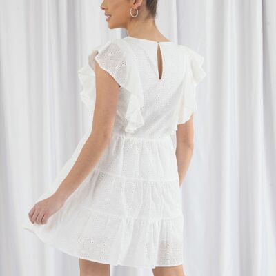 VESTIDO BLANCO BORDADO CON VOLANTES Y MANGAS ESCALONADAS - Blanco