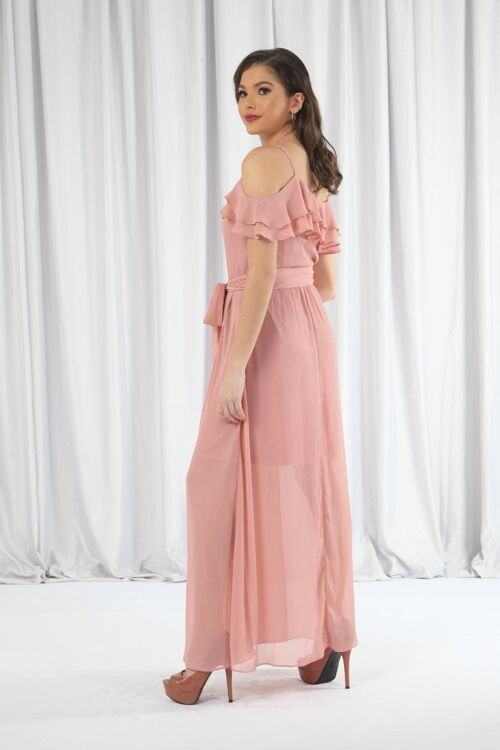 PINK DOUBLE FRILL OFF SHOULDER WRAP MAXI DRESS - Pink