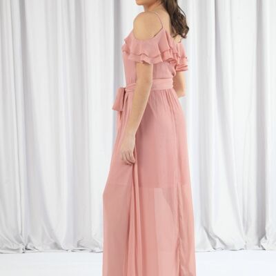 PINK DOUBLE FRILL OFF SHOULDER WRAP MAXI DRESS - Pink