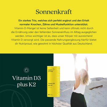 Énergie solaire : Vitamine D3 1000 UI avec K2 + calcium 3