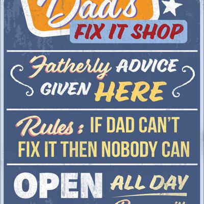 Großes Blechschild „Dad's Fix It Shop“.