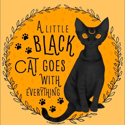 Eine kleine schwarze Katze passt zu allem. Grußkarte aus Blech