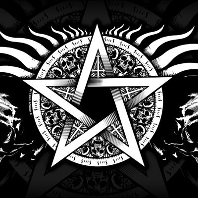 Totenkopf-Pentagramm-Grußkarte aus Blech
