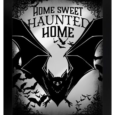 Gerahmtes verspiegeltes Blechschild „Home Sweet Haunted Home Bats“.