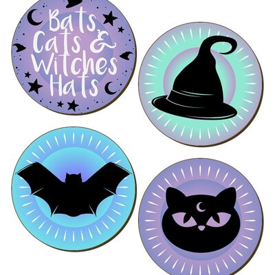 Bats, Cats & Witches Hats Pastel Goth 4 Piece Coaster Set