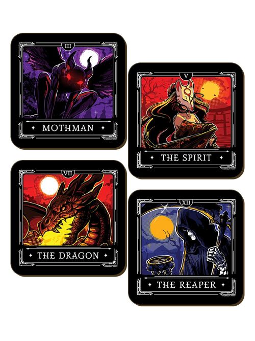 Deadly Tarot Legends - The Dragon, The Spirit, Mothman, The Reaper 4 Piece Coaster Set