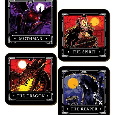 Deadly Tarot Legends - Juego de posavasos de 4 piezas The Dragon, The Spirit, Mothman, The Reaper