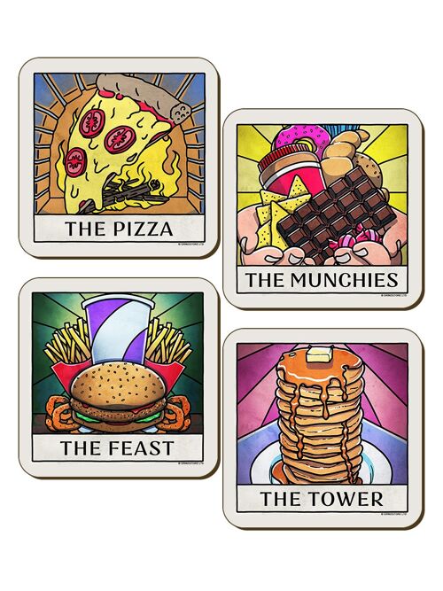 Deadly Tarot Life Pizza, Munchies, Tower & Feast 4 Piece Coaster Set