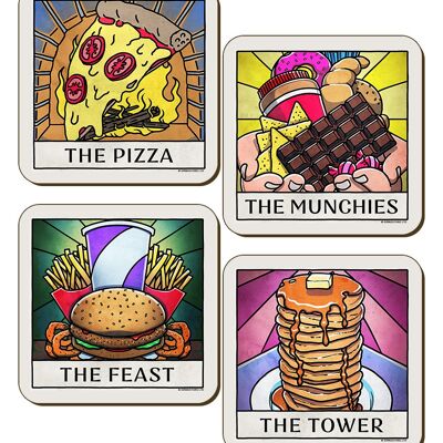 Set di sottobicchieri da 4 pezzi Deadly Tarot Life Pizza, Munchies, Tower & Feast