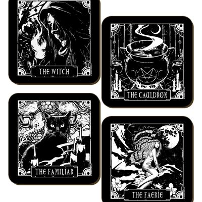 Set di 4 sottobicchieri Deadly Tarot The Witch, The Cauldron, The Familiar e The Faerie
