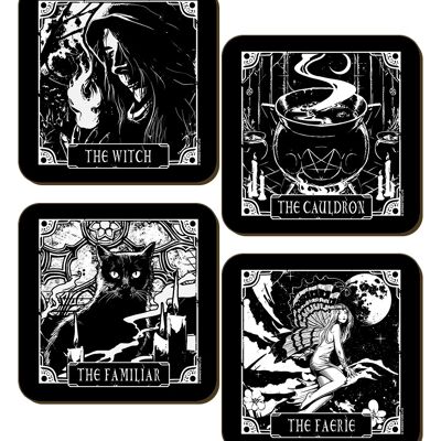 Deadly Tarot The Witch, The Cauldron, The Familiar & The Faerie 4 Piece Coaster Set